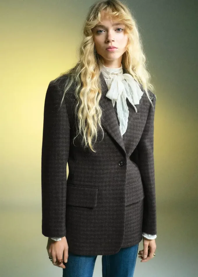 Blazer en laine à micro-motif pied-de-poule