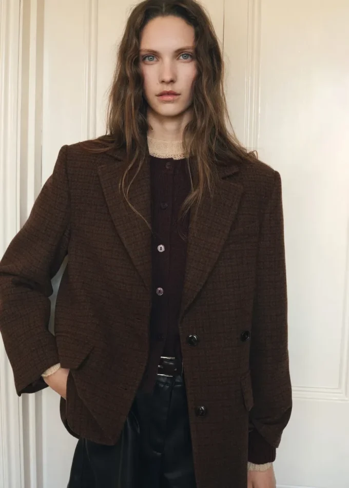 Blazer en laine à micro-motif pied-de-poule