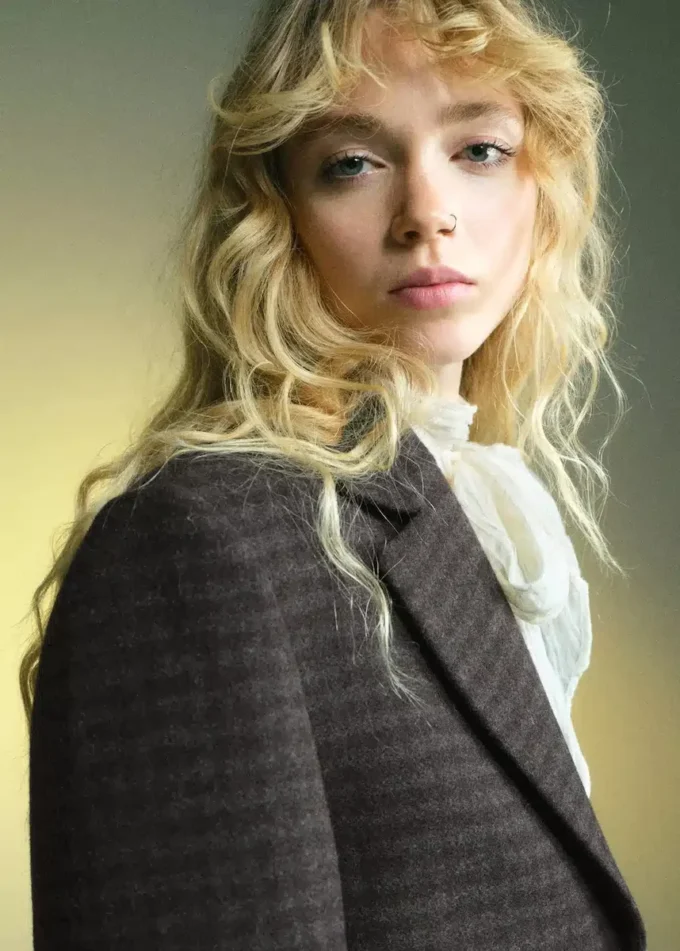 Blazer en laine à micro-motif pied-de-poule