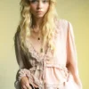 Blouse à col en V et bordures en dentelle