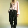 Blouse à col en V et bordures en dentelle