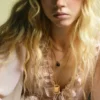 Blouse à col en V et bordures en dentelle
