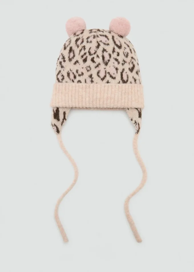 Bonnet à imprimé léopard avec pompons