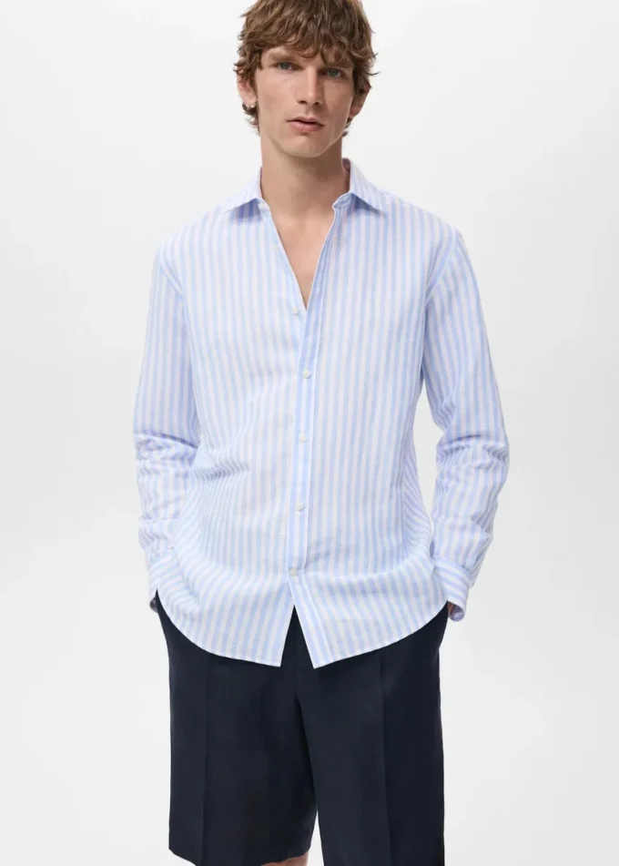 Chemise en coton et lin à rayures, coupe classique