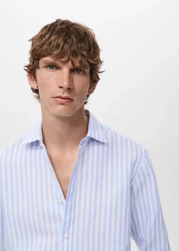 Chemise en coton et lin à rayures, coupe classique