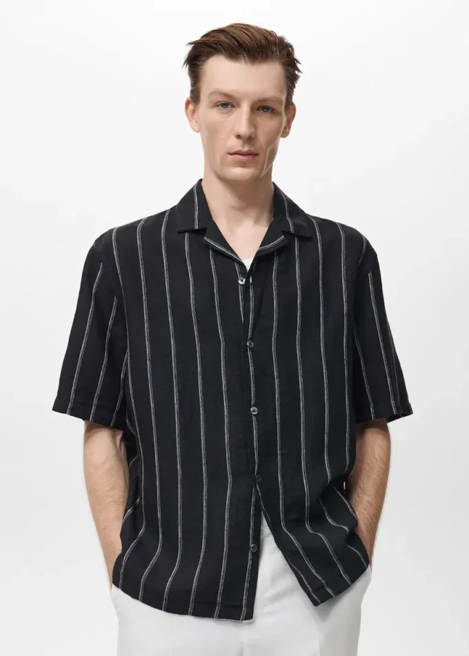 Chemise à manches courtes rayée 100 % lin