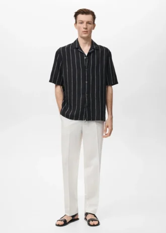 Chemise à manches courtes rayée 100 % lin