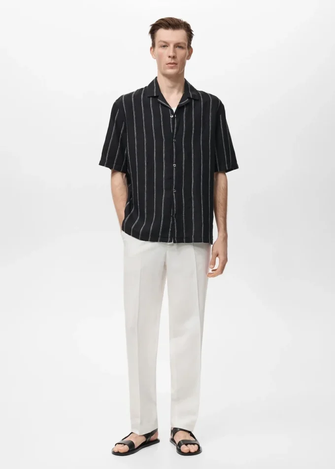 Chemise à manches courtes rayée 100 % lin