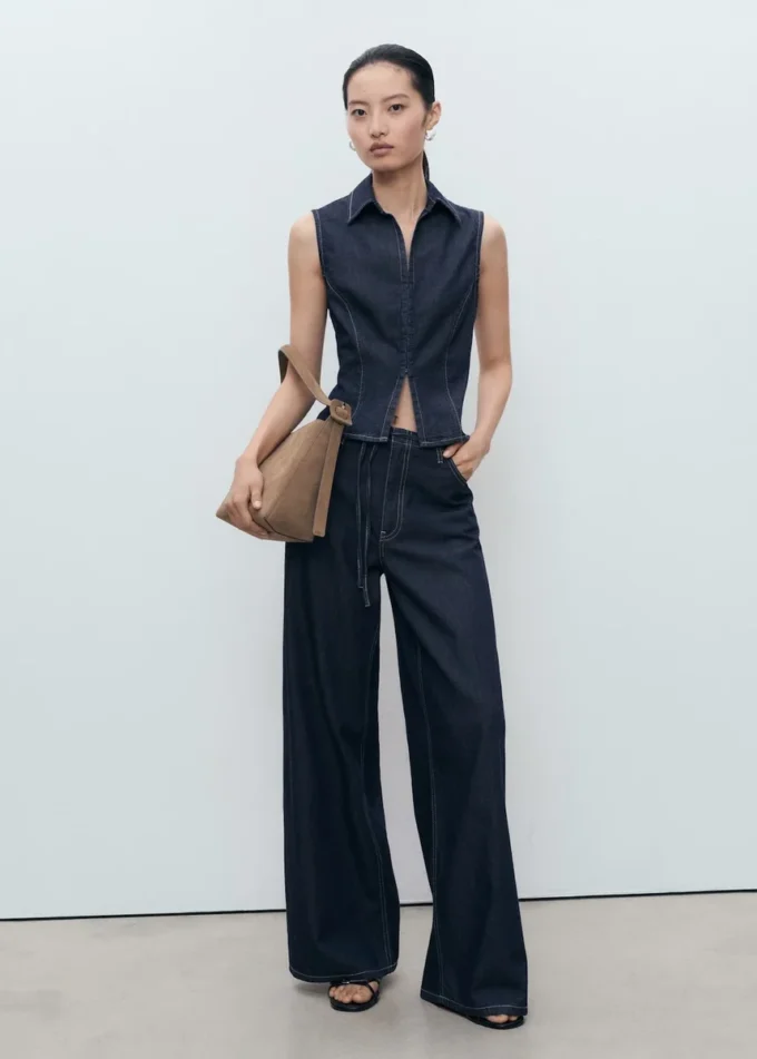 Haut en denim avec coutures contrastées