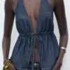 Haut en denim à col en V avec nœud