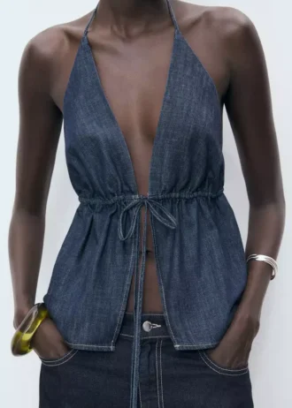 Haut en denim à col en V avec nœud