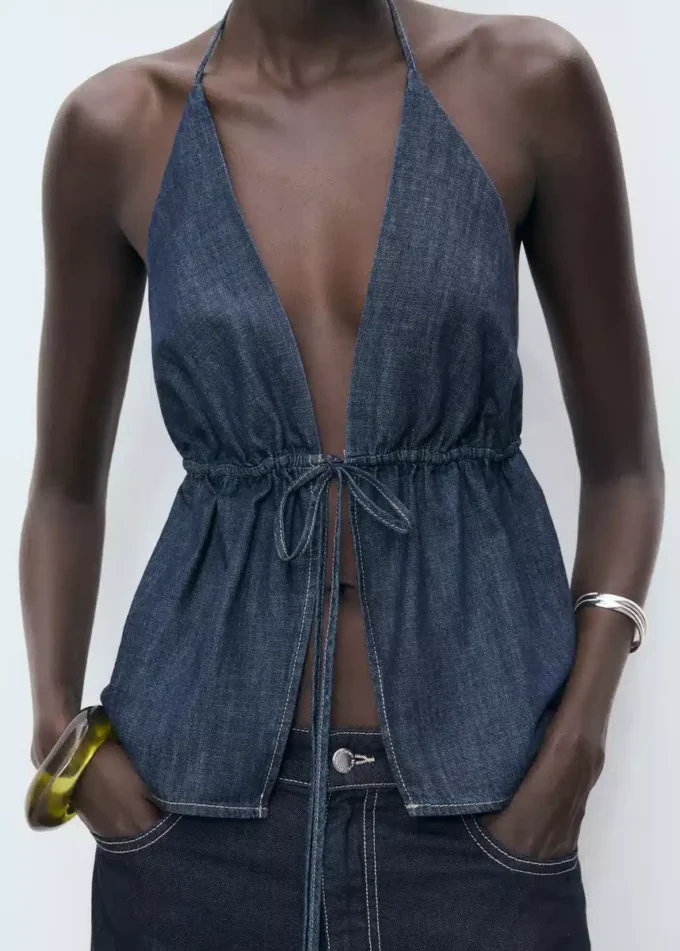 Haut en denim à col en V avec nœud