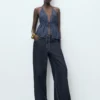 Haut en denim à col en V avec nœud