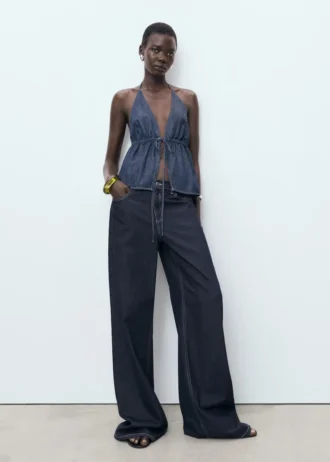 Haut en denim à col en V avec nœud