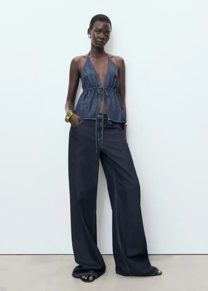 Haut en denim à col en V avec nœud