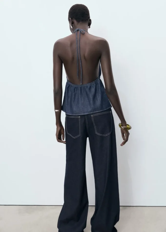 Haut en denim à col en V avec nœud