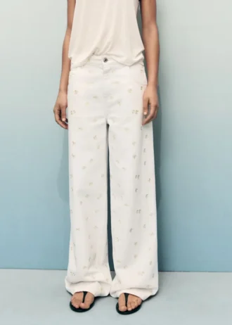 Jean à jambes larges brodé de fleurs