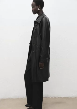 Long trench-coat en simili cuir avec ceinture