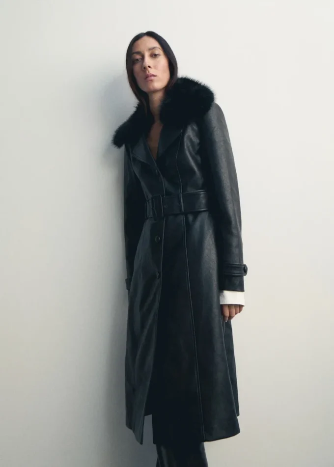 Manteau en simili cuir avec col en fourrure