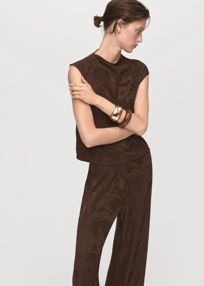 Pantalon droit à imprimé floral jacquard Pantalon droit à imprimé floral jacquard