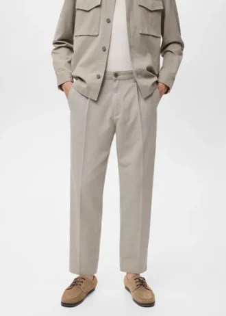 Pantalon droit à pinces en coton et lyocell