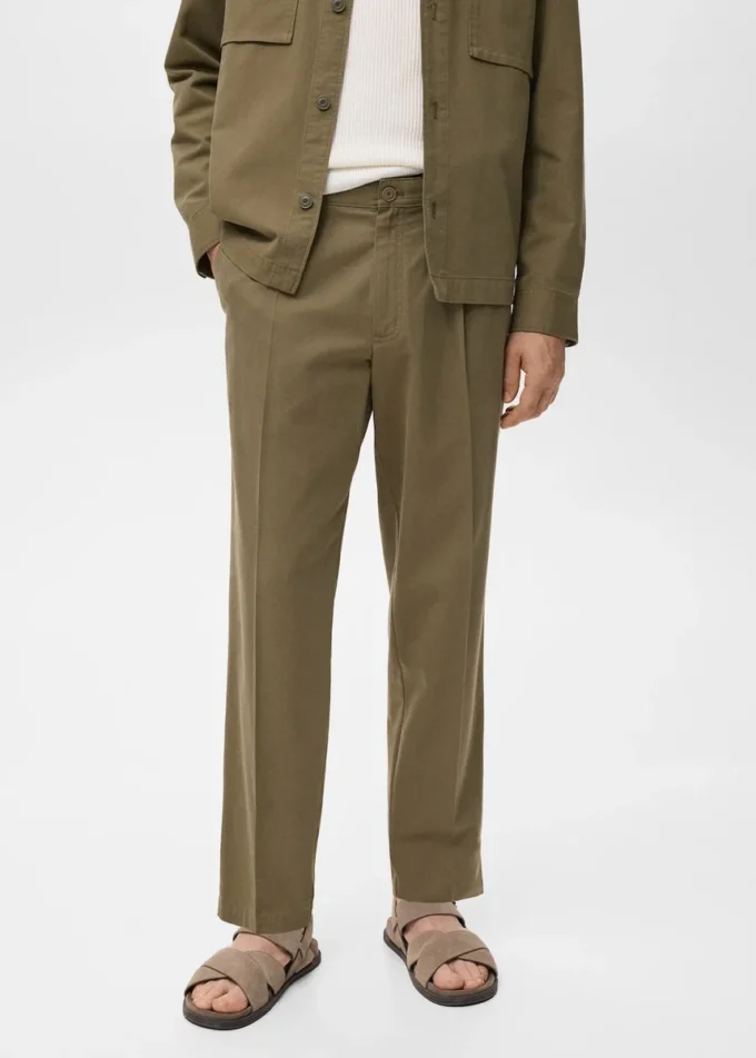 Pantalon droit à pinces en coton et lyocell
