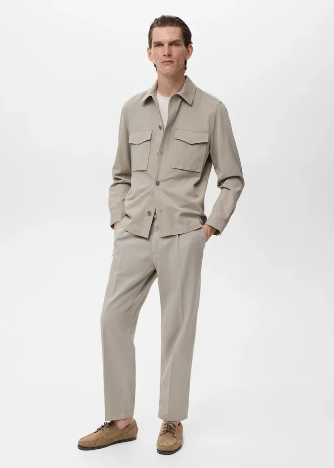 Pantalon droit à pinces en coton et lyocell
