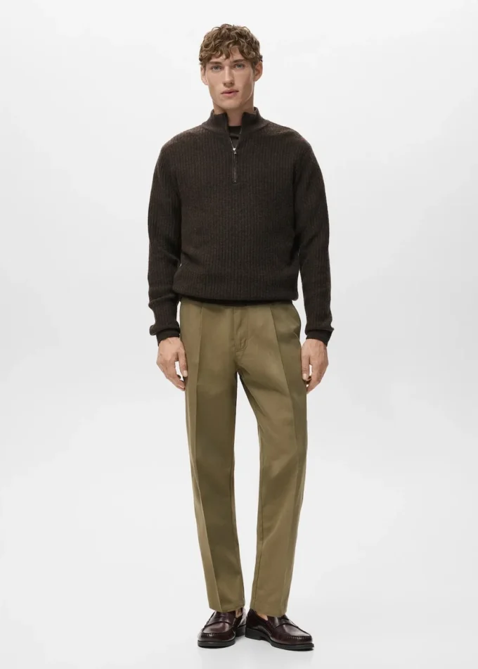 Pantalon droit à pinces en coton et lyocell