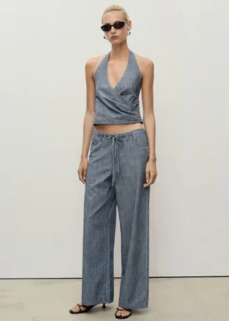 Pantalon en denim à jambes larges avec ceinture Pantalon en denim à jambes larges avec ceinture