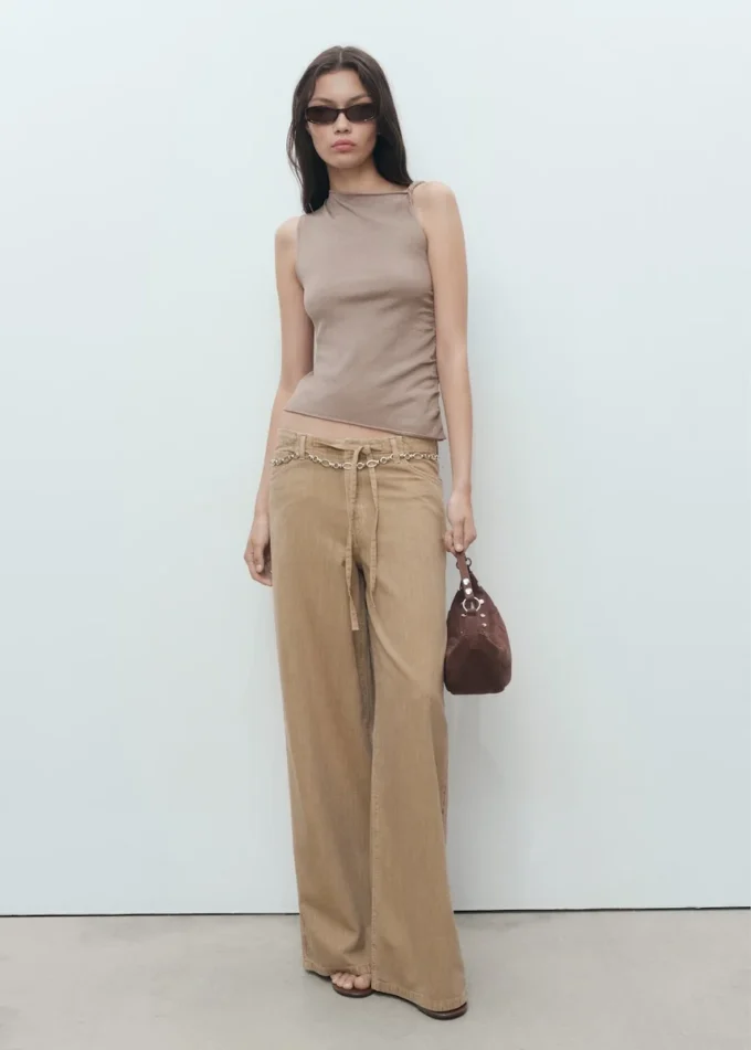 Pantalon en denim à jambes larges avec ceinture Pantalon en denim à jambes larges avec ceinture