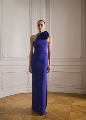 Robe drapée à encolure dos nu et motif floral