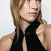 Top en velours à col licou et boutons