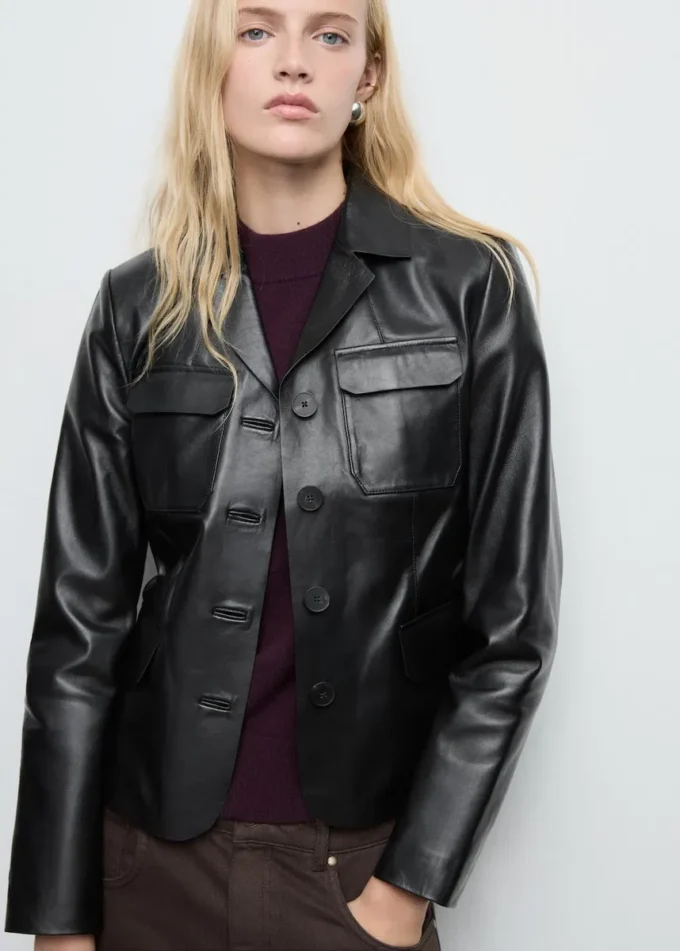 Veste en cuir avec poches à rabat