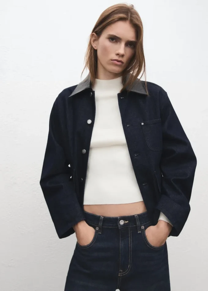 Veste en denim avec col en simili cuir