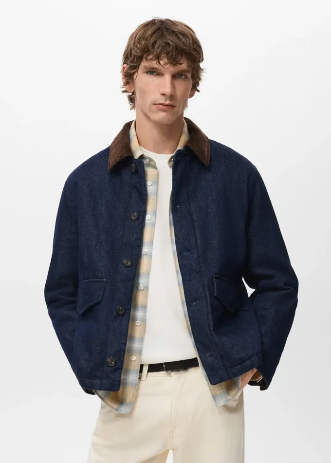 Veste en denim matelassée avec col en velours côtelé