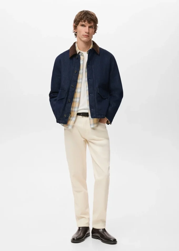 Veste en denim matelassée avec col en velours côtelé