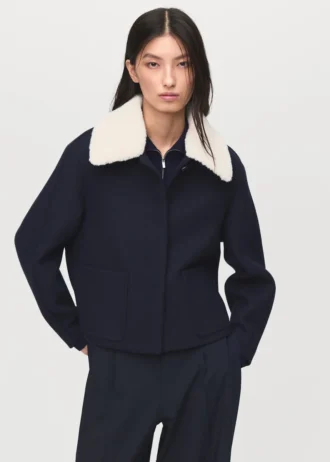 Veste en laine mélangée avec col en peau lainée mélangée