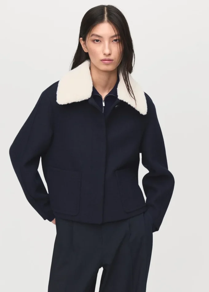 Veste en laine mélangée avec col en peau lainée mélangée