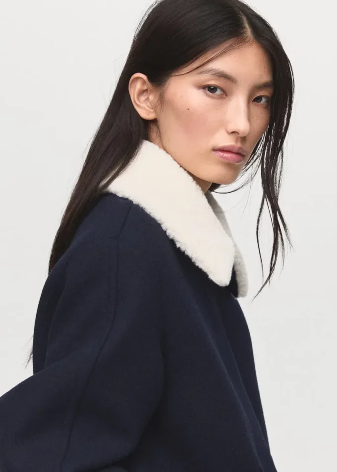 Veste en laine mélangée avec col en peau lainée mélangée