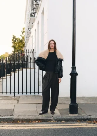 Veste en simili cuir avec col en peau lainée